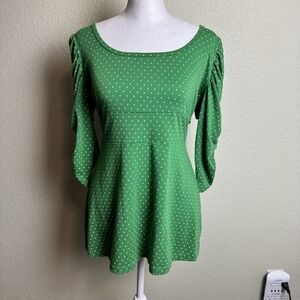 Miken Women's Top Size L Green 3/4 Ruched Sleeves Polka Dots‎ Tie Back Stretch